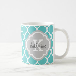 Turkos och Grått Moroccan Quatrefoil Monogram Kaffemugg