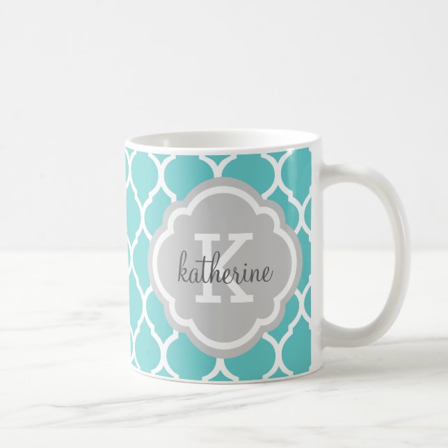 Turkos och Grått Moroccan Quatrefoil Monogram Kaffemugg (Höger)