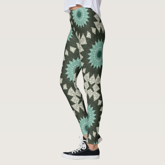 Turkos och grön geometrisk mandalamönster leggings (Vänster)