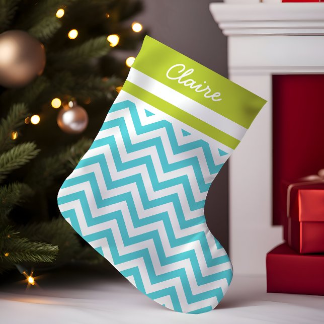 Turkos och Grönt Chevron Monogram Liten Julstrumpa (Skapare uppladdad)