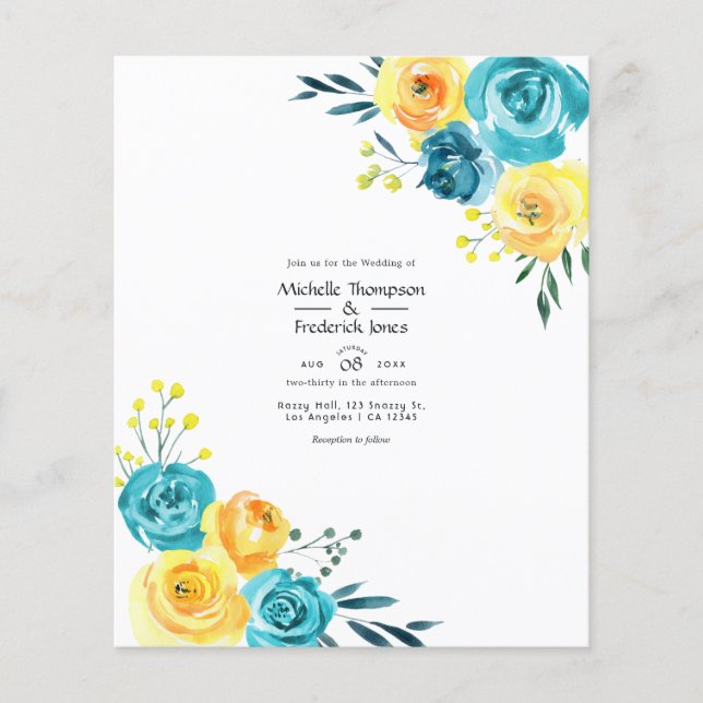 Turkos och gul akvarell blomsterbröllop flygblad (Framsidan)