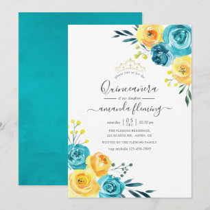 Turkos och gul akvarellblommig Quinceañera Inbjudningar