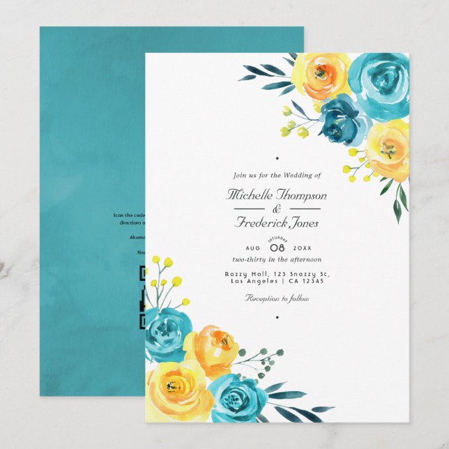 Turkos och gul blomster QR-kod RSVP bröllop Inbjudningar (Fram/baksida)