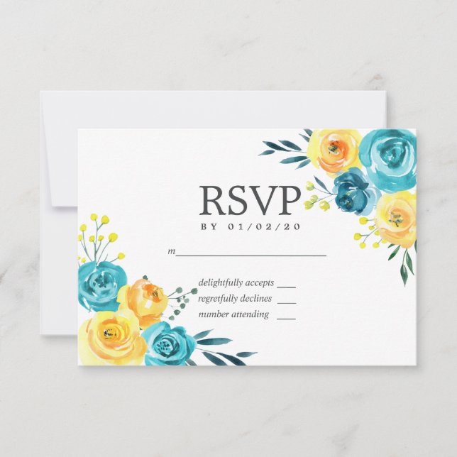 Turkos och gul blomsterbröllop RSVP OSA Kort (Framsida)