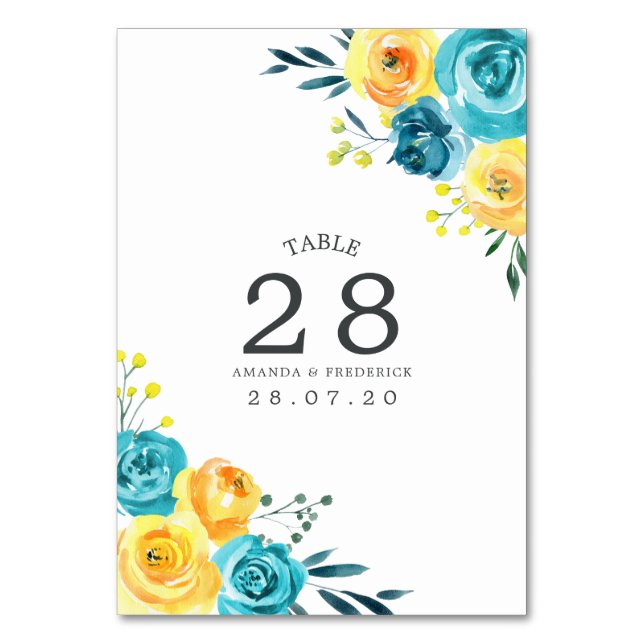 Turkos och gul blomsterbröllopsbord nummer bordsnummer (Framsidan)