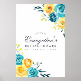 Turkos och gul blomsterbröllopsfest välkommen poster