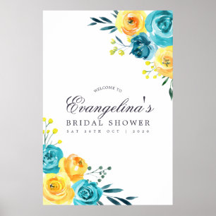 Turkos och gul blomsterbröllopsfest välkommen poster