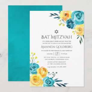 Turkos och gul floral Bat Mitzvah Inbjudningar