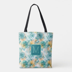 Turkos och gula blommor Färgblockmonogram Tygkasse