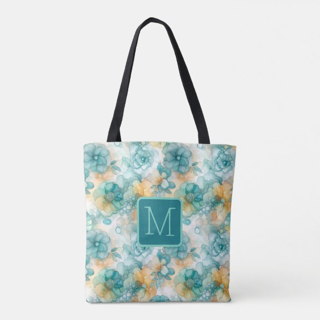 Turkos och gula blommor Färgblockmonogram Tygkasse (Baksida)
