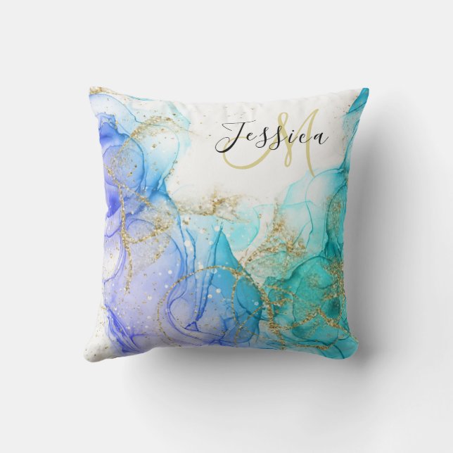 Turkos och Guld Alkohol Bläck & Namn Kudde (Baksida)