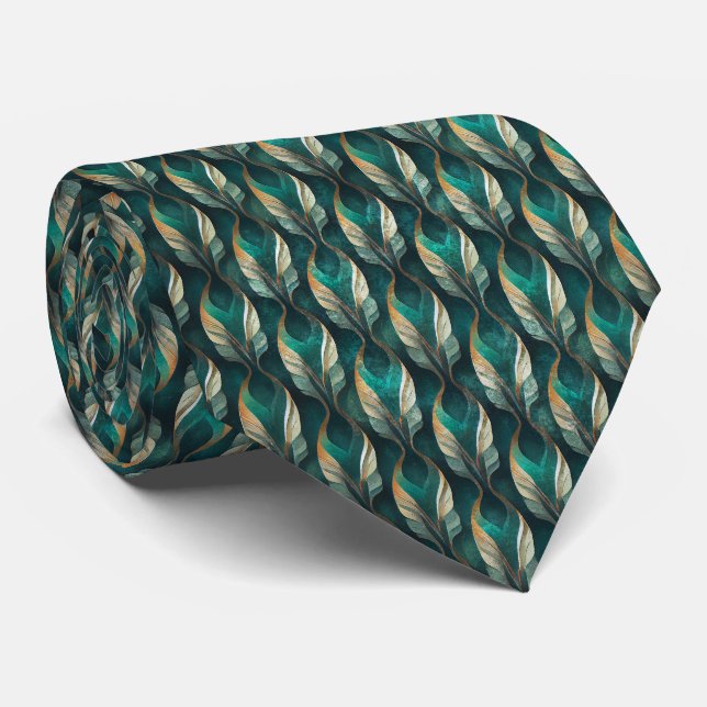Turkos och guld Art Deco geometrisk mönsterdesign Slips (Rullad)