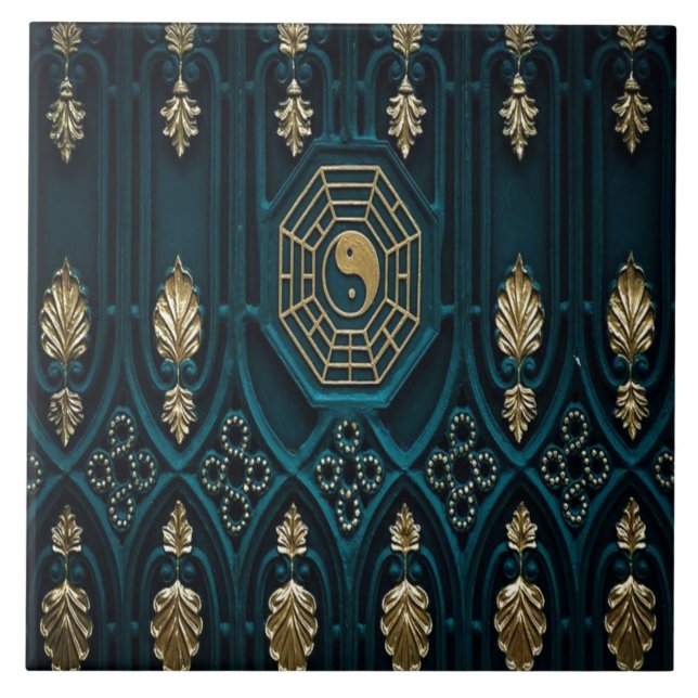 Turkos och guld asiatisk abstrakt kakelplatta (Framsidan)