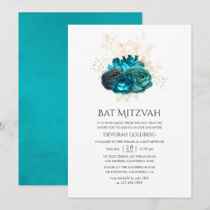 Turkos och guld Blommig Bat Mitzvah Inbjudningar