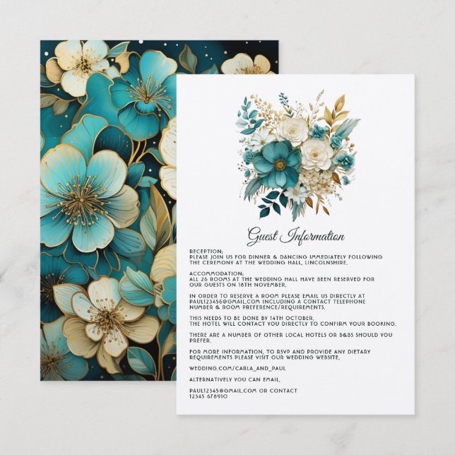 Turkos och guld blommig bröllopsgästinformation tilläggskort (Fram/baksida)