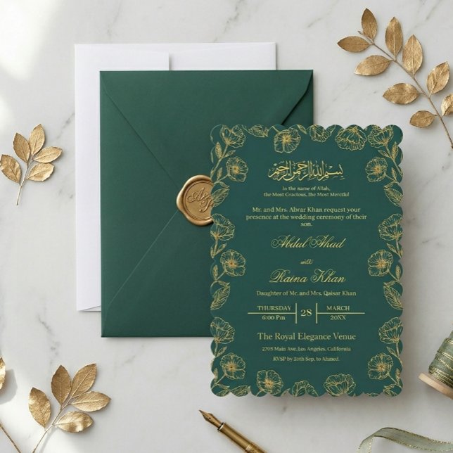Turkos och Guld Blommig Islamisk Muslimsk Bröllops Inbjudningar (Skapare uppladdad)