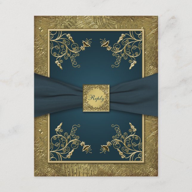 Turkos och guld Blommig RSVP-kort OSA Kort (Framsida)