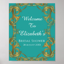 Turkos och guld blomsterliknande vigselskylt