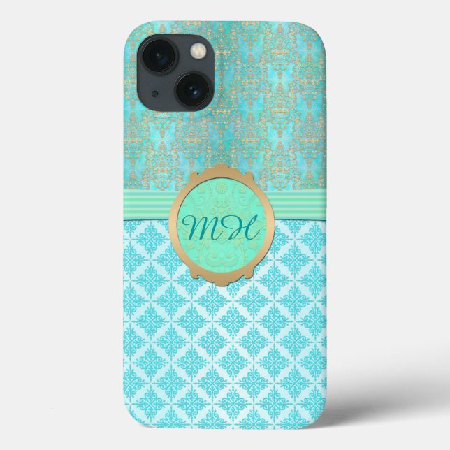 Turkos och guld damast anpassad monogram mönster (Baksida)
