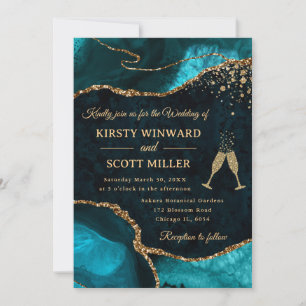 Turkos och Guld Glitter Agat Bröllop Inbjudningar