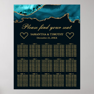 Turkos och guld glitter agat bröllops sittplatskar poster