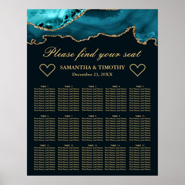 Turkos och guld glitter agat bröllops sittplatskar poster (Framsidan)