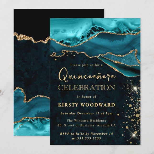 Turkos och Guld Glitter Agate Quinceanera Inbjudningar (Fram/baksida)