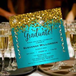 Turkos och Guld Glitter Studentfest Inbjudningar