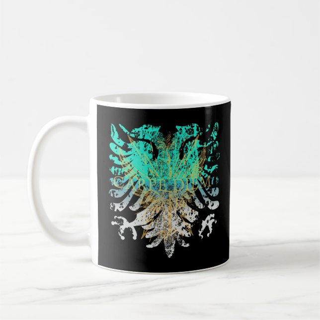Turkos och Guld Griffin på svart Kaffemugg (Vänster)
