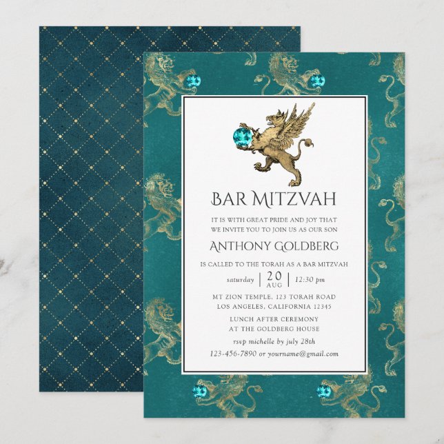 Turkos och guld heraldisk Bar Mitzvah Inbjudningar (Fram/baksida)