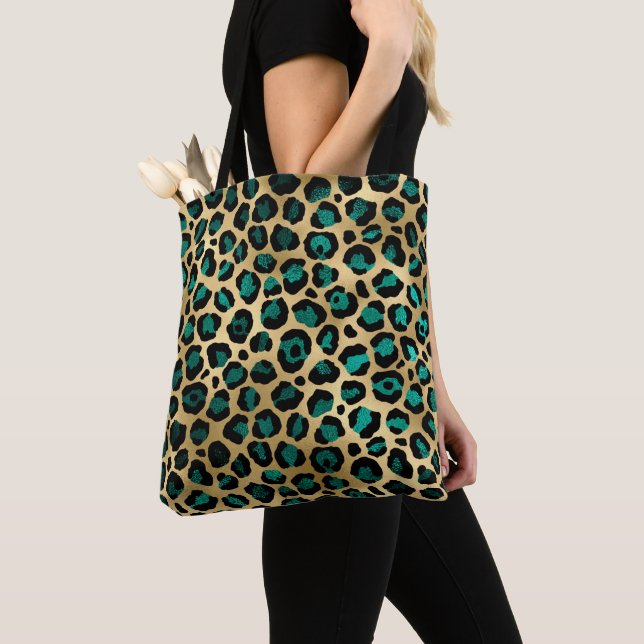Turkos och Guld Leopard Serie Design 14 Tygkasse (Närbild)