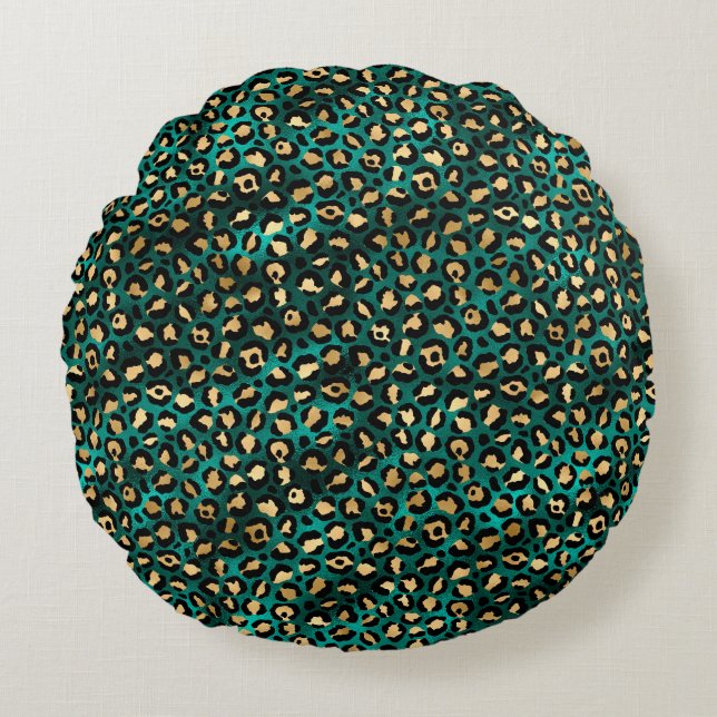 Turkos och Guld Leopardy Design 3 Rund Kudde (Framsidan)