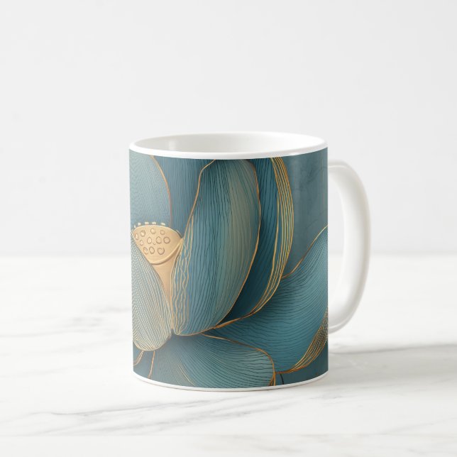 Turkos och Guld Lotusblomma Geometrisk Linje Kaffemugg (Framsida höger)
