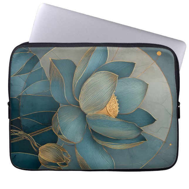 Turkos och Guld Lotusblomma Geometrisk Linjekonst  Laptop Fodral (Framsidan)