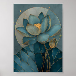 Turkos och Guld Lotusblomma Geometrisk Linjekonst Poster