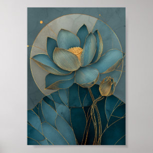 Turkos och Guld Lotusblomma Geometrisk Linjekonst Poster