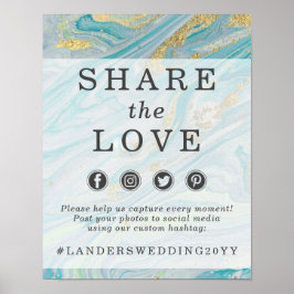 Turkos och Guld Marmor Bröllop Hashtag Fototavla Poster