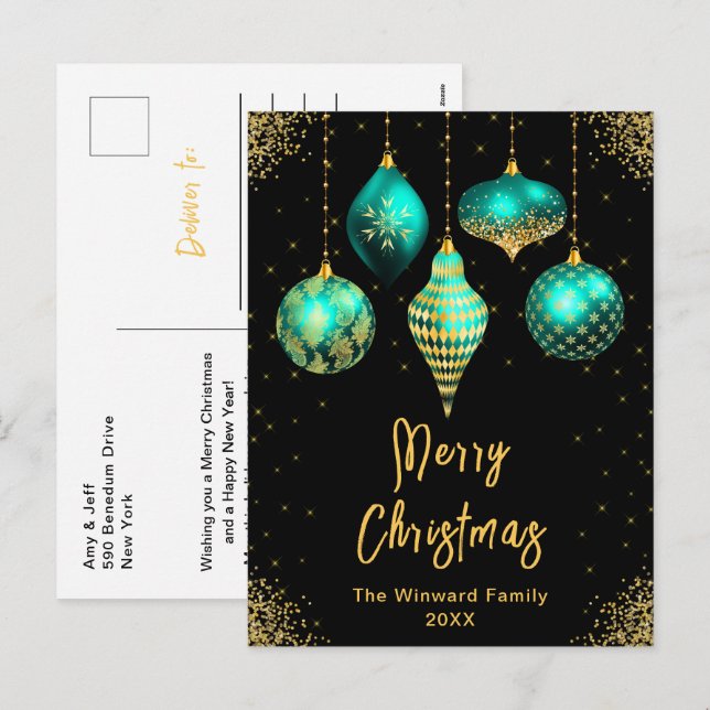 Turkos och Guld Ornament Glad Jul Helg Vykort (Fram/baksida)