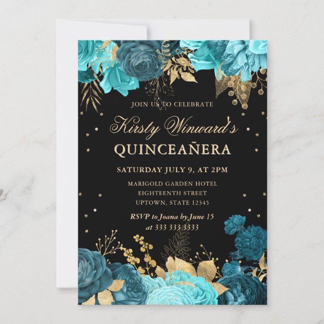 Turkos och Guld Ro Blommigt Quinceanera Inbjudningar (Framsida)