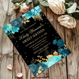 Turkos och Guld Ro Blommigt Sweet sixteen Inbjudningar