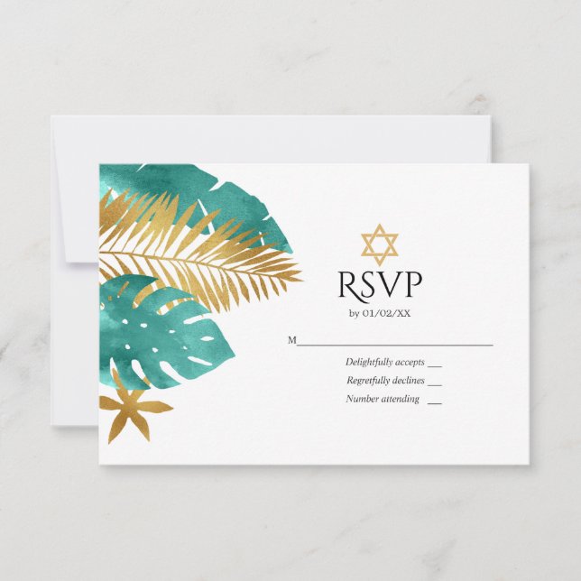 Turkos och guld Tropisk Bat Mitzvah OSA Kort (Framsida)