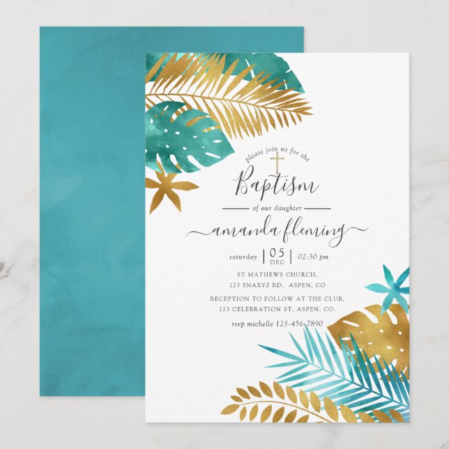 Turkos och guld Tropisk dopceremoni Inbjudningar (Fram/baksida)