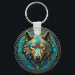 Turkos och Guld Varg Nyckelring<br><div class="desc">Guld och turkos varg AI ART från Minx267</div>