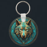 Turkos och Guld Varg Nyckelring<br><div class="desc">Guld och turkos varg AI ART från Minx267</div>
