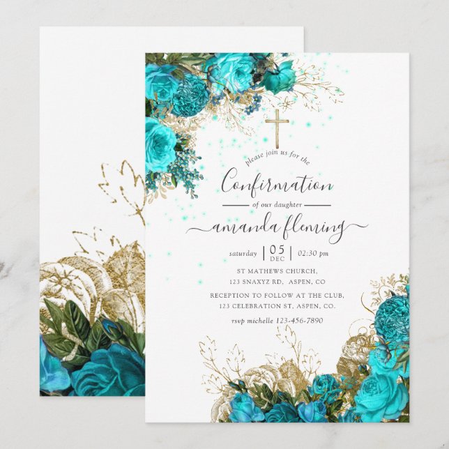 Turkos och guld Vintage blomsterkonfirmation Inbjudningar (Fram/baksida)