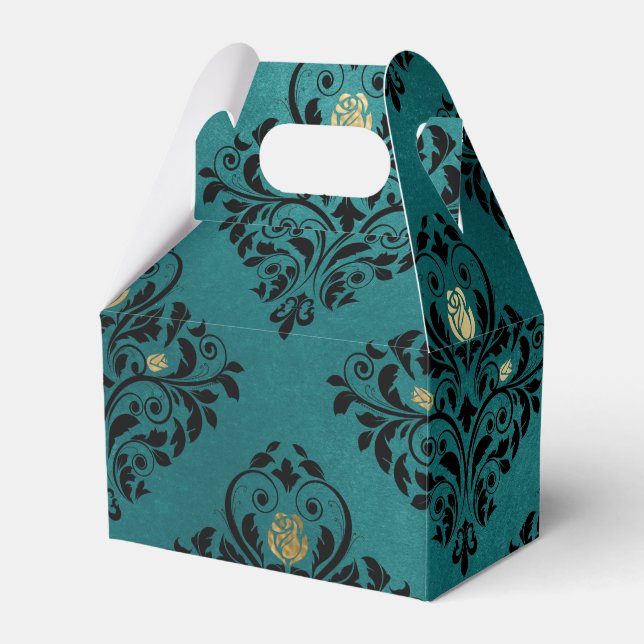 Turkos och guld Vintage Ros Damask Presentaskar (Framsidan Sidan)