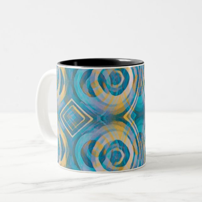 Turkos och Gult Batik Circles & Diamonds Kaffemugg (Framsida vänster)