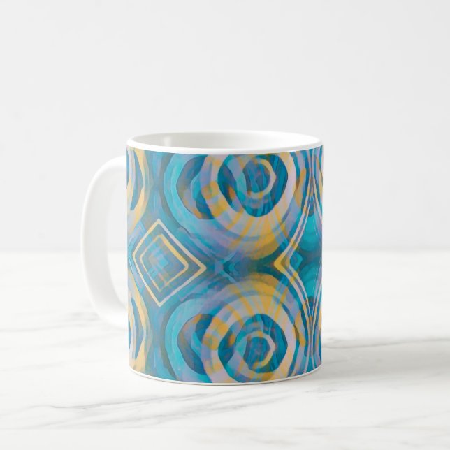 Turkos och Gult Batik Circles & Diamonds Kaffemugg (Framsida vänster)