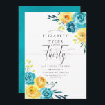 Turkos och Gult Blommigt 30års födelsedag Party Inbjudningar<br><div class="desc">Turkos och gult - blommigt av teal och citron 30-årsdag med accenter av korall med kvarellblommor och bladverk.</div>