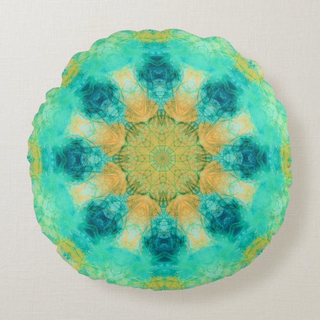 turkos och gult mandala| Kaleidoskop mönster Rund Kudde (Framsidan)